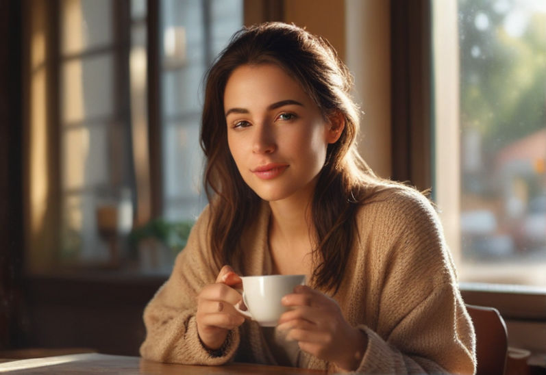 A woman sits at a café table, cradling a steaming cup of coffee.
