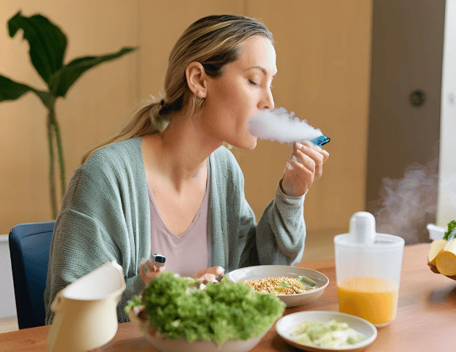 A Caucasian woman eats wholesome food, pausing to inhale vapor from a handheld nebulizer, the mist visible, aiding her breathing while seated at a table.