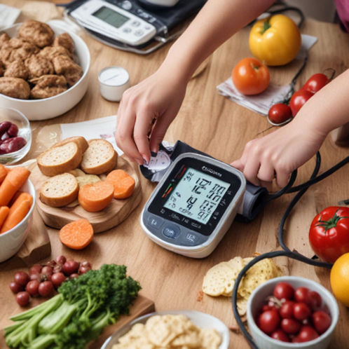A person confusedly looking at their home blood pressure monitor while surrounded by various food items.